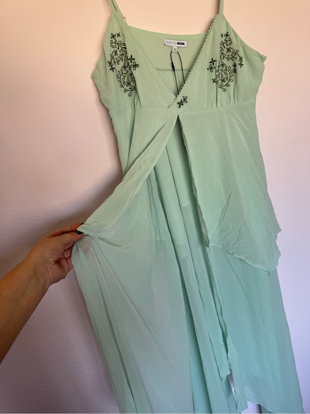 Whimsical Mint Green Chiffon Embroidered Open Flowy Tank Top
